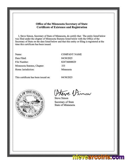 USA Minnesota certificate of existence and registration